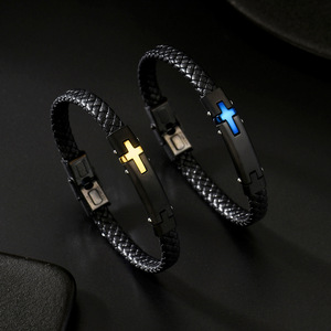 Pulsera de Cuero para Hombre, Diseño Cruzado, Clásica, Chapada en Oro y Azul, de Acero Inoxidable, 21 cm, Hecha <span class=keywords><strong>a</strong></span> <span class=keywords><strong>Mano</strong></span>, Regalos de Navidad para Hombre - Product Image 1