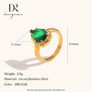 Cincin Pola Palu Batu Permata Biru dan Hijau Gaya Eropa dan Amerika Dingran, Lapisan Baja Anti Karat Berlapis Emas 18K - Product Image 4