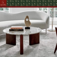 Table basse ronde en marbre blanc GOLDKING, pieds coniques en bois massif, style scandinave moderne, salon, OEM ODM, directement de l'usine