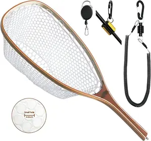 Fly Fishing Net Trout Net with Magnetic Release and Rod Holder Wooden Frame Landing Net with Soft Rubber Mesh for Catch