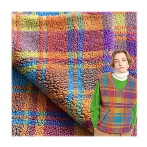 Luxury colorful stripe English grid jacquard printed sherpa fashion faux fleece wool fur fabric for clothing