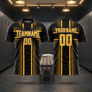 เสื้อเจอร์ซีย์ทีมชายแบบสั่งทำพิเศษ พิมพ์ลายด้านหน้า ผ้าโพลีเอสเตอร์ 100% สีดำและสีทองลายทาง ระบายอากาศได้ดี แขนเสื้อแบบแร็กแลน คอกลม - Product Image 2