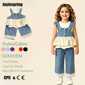 Ensemble tendance <span class=keywords><strong>Nina</strong></span> pour fillettes : Gilet en jean à volants superposés et pantalon droit avec détails en dentelle pour l'été et le quotidien - Product Image 1