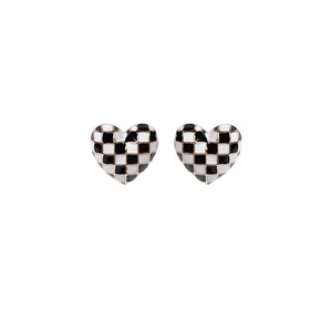 Heart-Shaped <b>Stud</b> <b>Earrings</b> Zinc Alloy <b>Black</b> White Checkerboard Women's Fashion Jewelry - Product Image 5