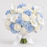 Bouquet de mariée rond bleu et blanc de qualité supérieure, rose artificielle, hortensia, calla, lys, œillet avec ruban de satin pour mariage