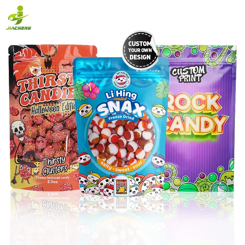 custom design resealable freeze dried candy aluminum foil doypack stand up pouches ziplock mylar bags for food packaging