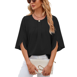 Großhandel Neue Produkte Einfarbige Rundhalsbluse mit Fünf-Viertel-Ärmeln Damenbluse Modische Chiffonbluse für Frauen - Product Image 3
