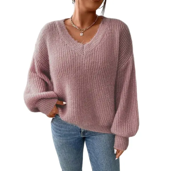 Custom Design Knitted Sweaters Woman Plus Lantern Sleeve Ribbed Knit Pink V Neck Sweater