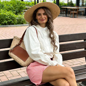 Blusa Blanca para Mujer con Ribete de Encaje, Manga Abullonada, Cuello Camisero, Corte Holgado, Estilo Prairie Chic, Top de Primavera/Verano - Product Image 6