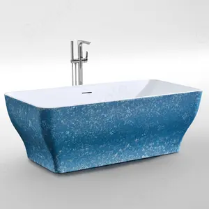 环保亚克力艺术独立式图案浴缸，带中央弹出式排水器超薄溢流