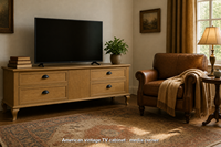 Meuble TV vintage américain en chêne avec rangement pour téléviseurs de 55 pouces, construction en contreplaqué, meuble de salon