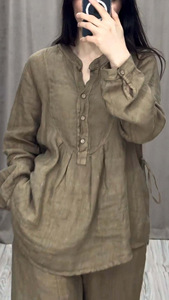 Fall Women's Comfortable Cotton-Linen Blend Long-Sleeve Top & Casual Drawstring Wide-Leg <b>Pants</b> 2-Piece Set Fashion - Product Image 6