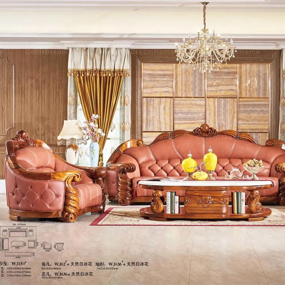 Ev mobilya salonu kanepe oturma odası deri kanepe seti klasik stil abanoz ahşap kesit kanepe