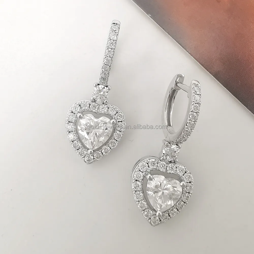 AU585 Trang Sức Vàng 14K Bông Tai Đinh Tán Kim Cương Moissanite Bông Tai Trang Sức Tinh Xảo Vàng Trắng Nguyên Chất Hình Trái Tim