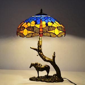 LongHuiJing 16Inch Dragonfly Tiffany Stained Glass LED Mediterranean Dome Lamp AC Resin Horse Carrying Kid Base Home Table - Product Image 2