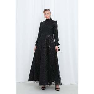 Vestido de Noche Largo para Mujer Puane, Negro, con Lentejuelas, Malla Bordada, Cuello Alto, Manga Larga y Puños de Satén, para Ocasiones Especiales - Product Image 1
