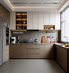 Ensemble d'armoires de cuisine en bois bicolore sur mesure, armoires de cuisine modernes sans poignées, modulaires en MDF pour projets d'appartements - Product Image 1
