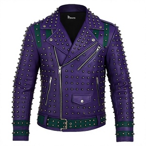 Blouson de moto pour homme style punk en cuir véritable avec rivets, fermeture éclair, ceinture, col montant, coupe ajustée, coupe-vent d'hiver, non-tissé à l'avant - Product Image 3