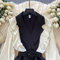 Robe décontractée élégante pour femmes, à volants, patchwork, manches longues bouffantes, ceinture, coupe trapèze, pour le quotidien et le bureau