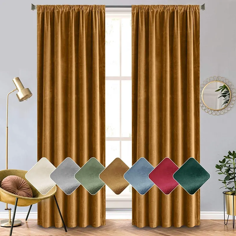 Bindi Wholesale Luxury Solid Plaid Soft Fabric Thermal Insulated Vertical Gold Brown Velvet Blackout Curtains