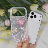 Étui de téléphone luxueux pour filles, coque 3D avec strass, cœur, rose, perle, holographique pour iPhone X à 18, Samsung, Redmi, OPPO, VIVO