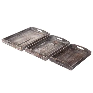 Wholesale Multifunctional Stackable Set Wooden Tray Kitchen Wooden Coffee Tea Food Bread Serving Tray With Handle