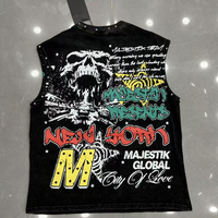 Camiseta Gráfica de Streetwear Estadounidense con Estampado de Calavera Anime y Pedrería, Sin Mangas, de Marca de Diseñador, con Efecto Lavado, para Hombre, Majestik