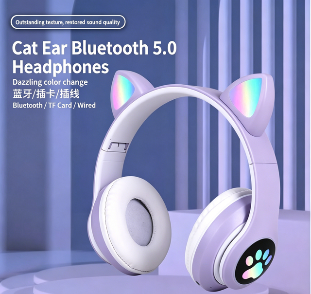 Cute Cat Ear Headphones RGB LED Light up Bluetooth Headphones with Microphone Deep Bass Wireless/Wired/TF Card Gaming Headset
