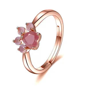 Natural rosa cristal s925 sterling silver jóias anel 18k rosa glod banhado ajustável bonito gato garra anel