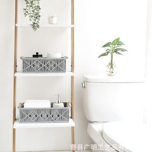 Woven <b>Storage</b> <b>Basket</b> Grey Rectangle Handmade Cosmetic Organizer Desktop Snack Holder Portable <b>Storage</b> Bin - Product Image 2