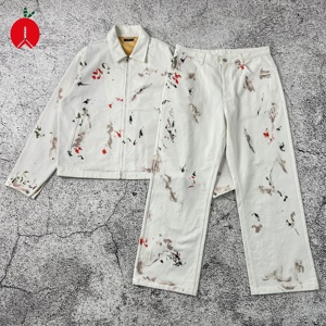 Fabricant OEM et ODM, fournisseur de marque privée, ensemble <span class=keywords><strong>veste</strong></span> et <span class=keywords><strong>jean</strong></span> <span class=keywords><strong>en</strong></span> denim blanc avec logo personnalisé et éclaboussures de <span class=keywords><strong>peinture</strong></span> à bas quantité minimale de commande et fermeture éclair sur le devant - Product Image 3