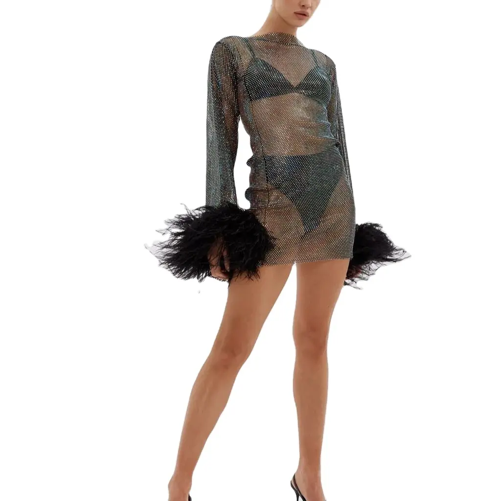 2022 Custom Women Sexy Mesh Fishnet Glitter See Through Club Party Dress Rhinestone Crystal Diamond Luxury Bodycon Mini Dress