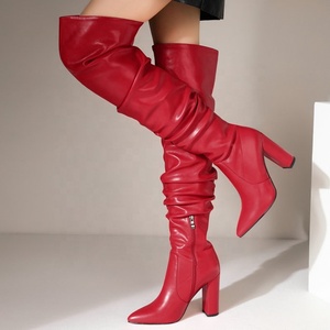 Big Size Winter Women Over Knee Boots Pleated Design Fashion High Chunky <b>Heel</b> Thigh High Boots Sexy Pointy Toe - Product Image 2