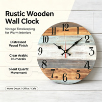 Jam Dinding Bergaya Pedesaan Bergaris Bulat MDF, Jam Analog Quartz Bertenaga Baterai untuk Dekorasi Dinding Rumah, Kafe, dan Rumah Pertanian