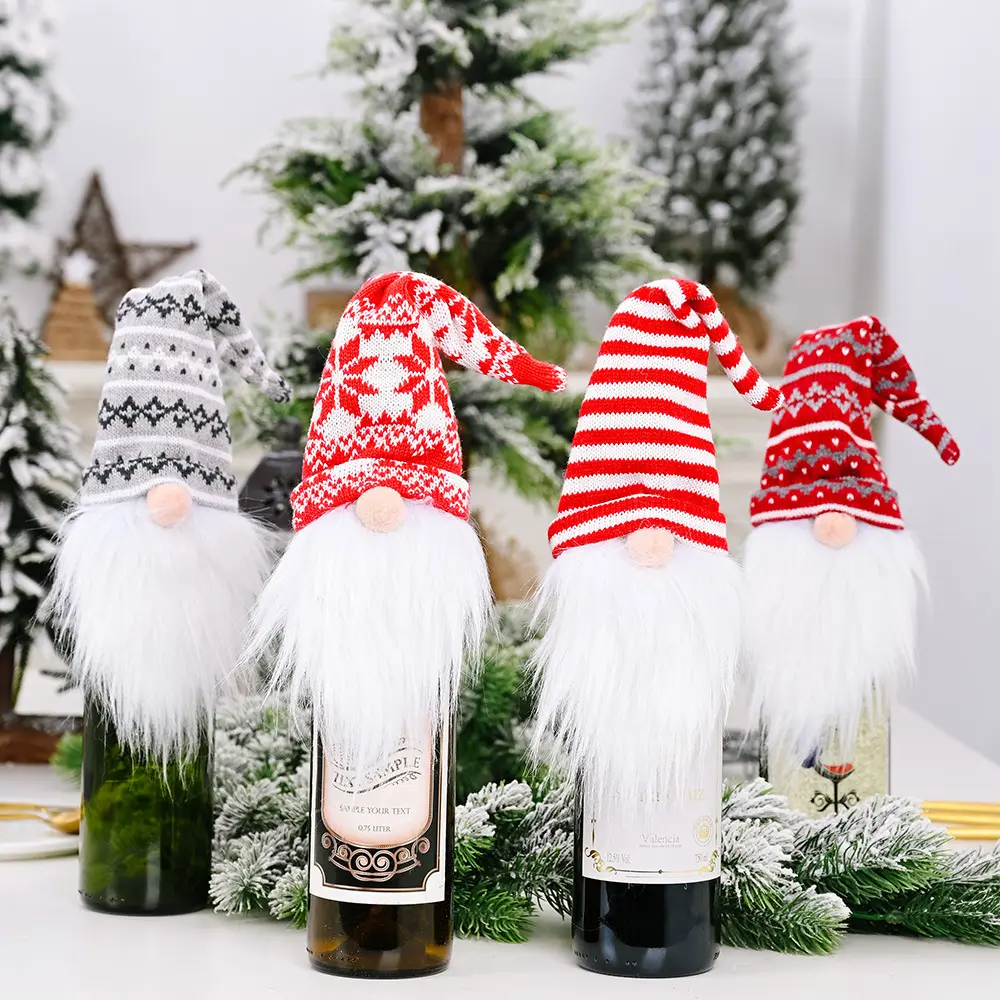 Nuove decorazioni natalizie guardaboschi, senza volto gnomo a maglia di lana copri bottiglia di vino festa festa tavola di Natale ornamenti di Natale/