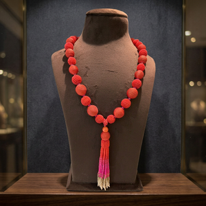 Sstringz Handmade Coral <b>Red</b> <b>Hot</b> Pink Ivory White Beaded Tassel Necklace seed Bead Statement Necklace Boho Fashion Jewelry - Product Image 1
