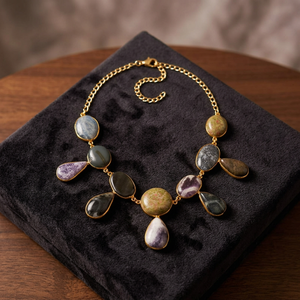 Women's Fashion Brass Agate Statement Necklace Bohemian Style Bezel Setting Link Chain 18 Inches <b>Natural</b> <b>Stone</b> <b>Jewelry</b> - Product Image 1