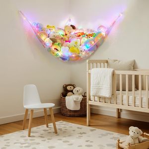 Stuffed Animal Hammock Large Triangular Net Storage Organizer With <b>Led</b> <b>Light</b> For Kids Room <b>Corner</b> Hanging Toy Holder - Product Image 5