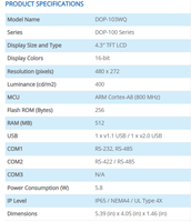 DOP-103WQ Delta Advanced HMI, Pantalla Táctil TFT de 4.3 Pulgadas, RS485, RS232, Ethernet para PLC, Automatización Industrial