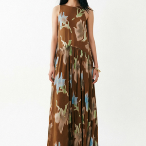 Robe longue vintage marron à imprimé floral pour <span class=keywords><strong>femme</strong></span>, sans manches, col montant, style bohème, élégante et fluide, idéale pour l'été et <span class=keywords><strong>la</strong></span> <span class=keywords><strong>plage</strong></span> - Product Image 2