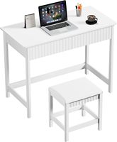 Bureau de maquillage blanc avec panneau cannelé et coins arrondis, table de maquillage à 2 tiroirs, bureau d'ordinateur avec tabouret pour chambre à coucher et bureau à domicile