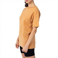 T-shirt femme col rond manches courtes couleur moutarde, coupe ample, 100% coton, jersey respirant, couleur unie, décontracté.