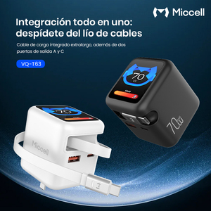 Cargador Miccell 70W GaN con USB-<span class=keywords><strong>C</strong></span>, <span class=keywords><strong>Cable</strong></span> de Carga Rápida, Adaptador de Pared y Pantalla Digital - Product Image 3