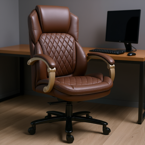 Chaise de bureau de direction en cuir PU marron, inclinable et pivotante, avec base en métal, design moderne - Product Image 2