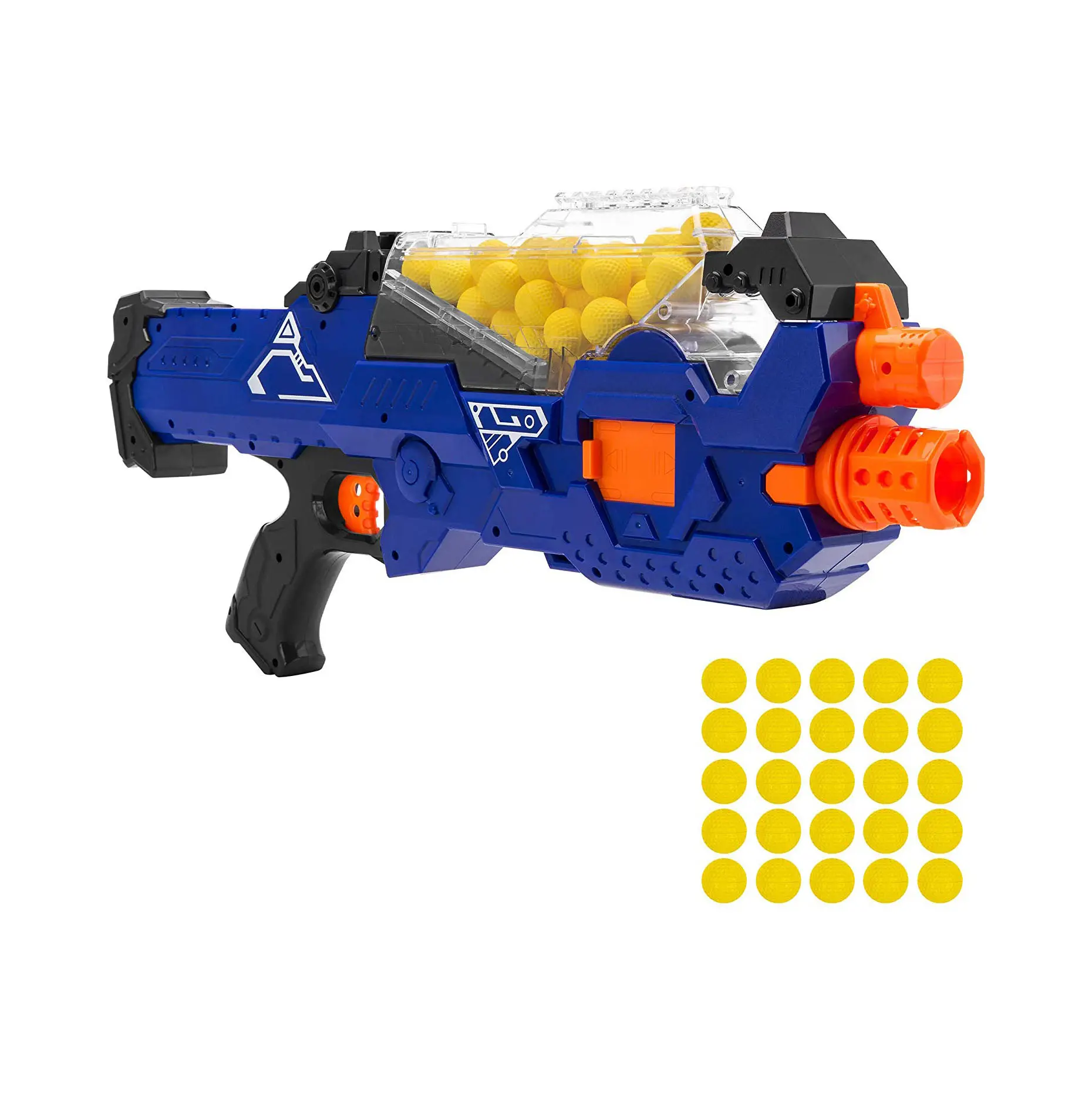 Electric Motorized Soft Foam Ball Rapid Fire Blaster Toy w/Hopper Feeder, 20 Balls