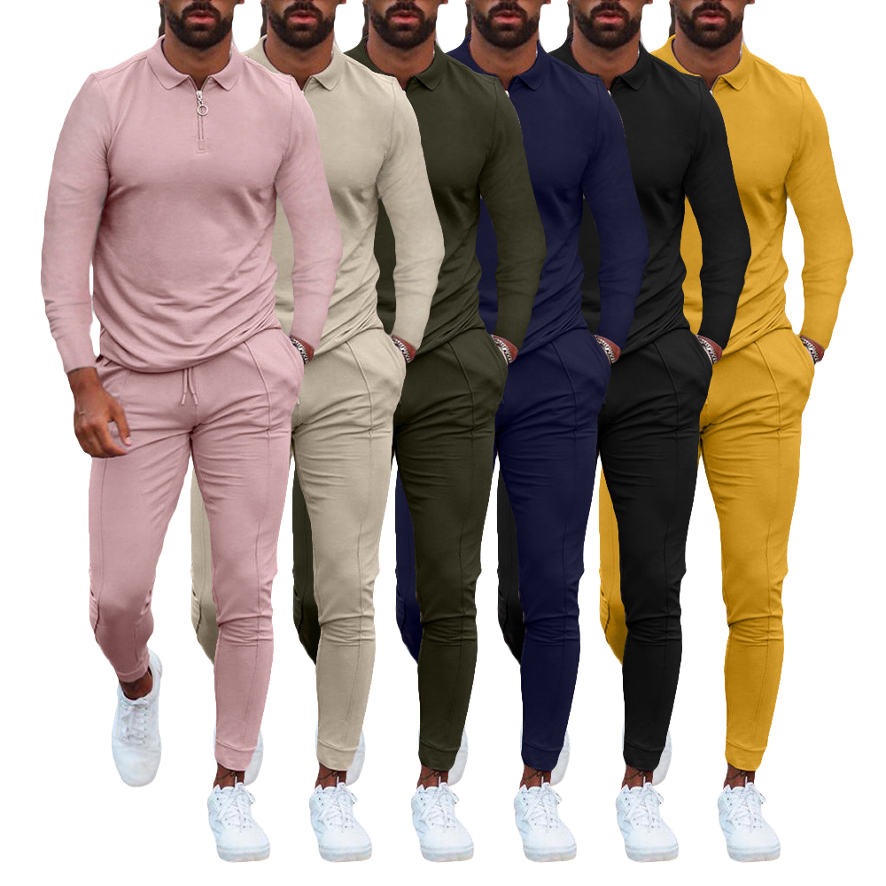 TMW New solid fall wear polo shirt set sweat suits jogger sets Tight two piece set training wear long sleeve tracksuit for men
