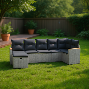 Ensemble de canapés de jardin en polyrotin gris avec structure en acier, 6 places, mobilier d'extérieur au design contemporain - Product Image 2