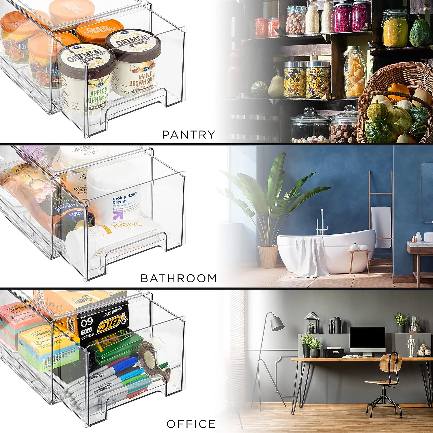 Totexil Transparante plastic opbergbakken met deksels, 8 stuks X-Large koelkast organizer bakken met handvat, stapelbare voorraadkast organisatie en opslag, doorzichtige opbergcontainers voor kast, koelkast, keuken