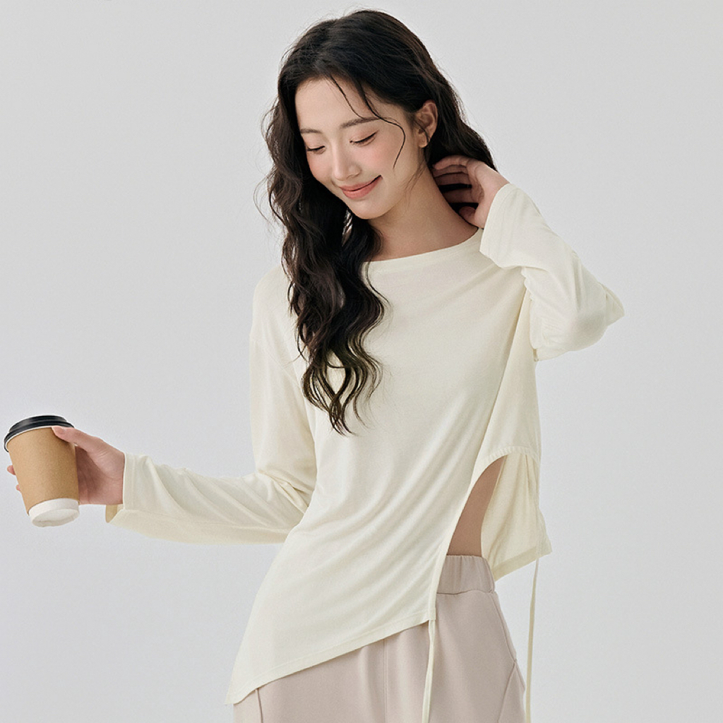 JCX Plus Size Yoga Blouse Side Sexy Hollow Drawstring Loose Breathable Pilates Sports Women's Long Sleeve
