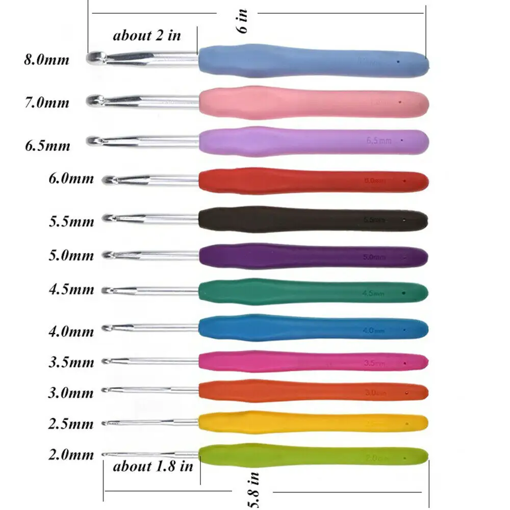 Set Of 12 Crochet Hook Soft Grip Handles Multi-Colour Aluminum Knitting Needles